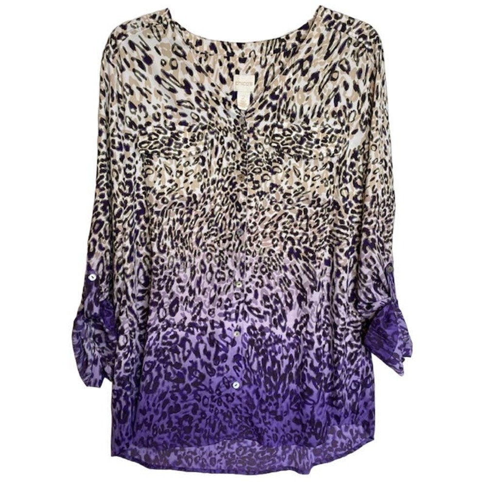 Chicos Glam Cheetah‎ Robin Shirt Blouse Beige Purple Ombre Size 2 (US 12-14)